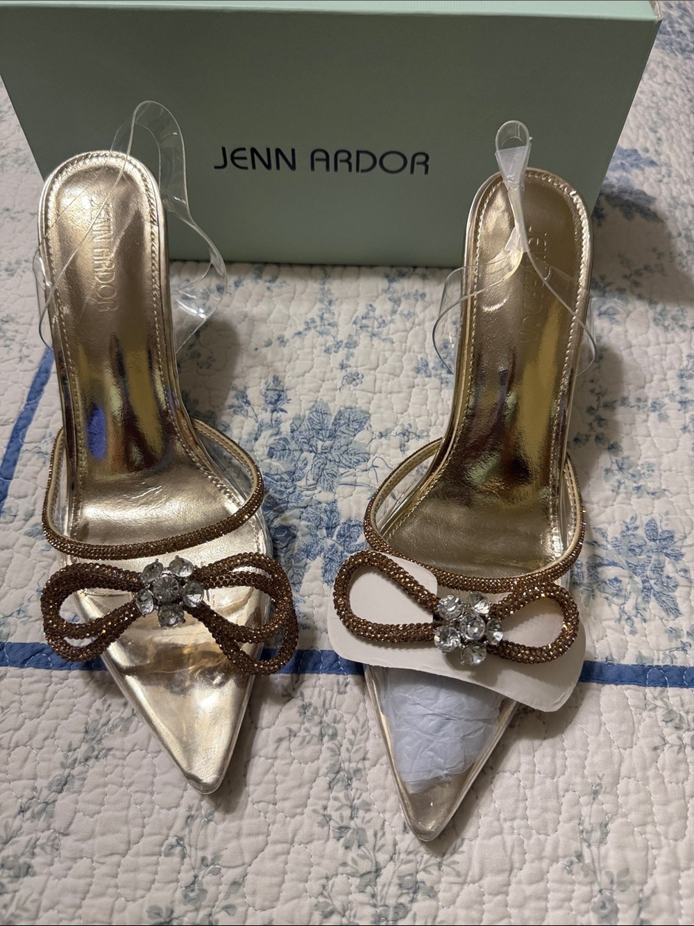Jenn Ardor Metallic Gold Pointed Slingback Heels with Crystal Bow Accent